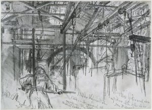 Hala w walcowni Königshütte. Studium zatytułowane „Walcownia żelaza. Nowoczesne cyklopy” autorstwa Adolph Menzel