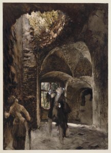 W ruinach pan i pani stoją na półpiętrze i spoglądają w górę na wielką dziurę w sklepieniu autorstwa Adolph Menzel