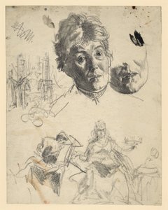Głowa starszej kobiety z powtórzonym motywem podbródka, szkic architektoniczny, szkic postaci do alegorii autorstwa Adolph Menzel