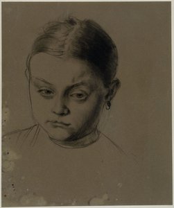 Głowa dziewczynki widziana z przodu, z lekko pochyloną głową, kolczyk autorstwa Adolph Menzel