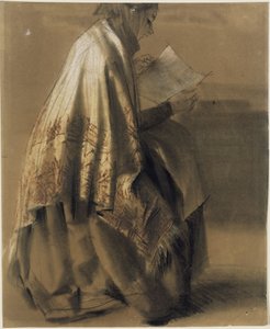 Kobieta siedząca i czytająca, owinięta w szeroki szal autorstwa Adolph Menzel