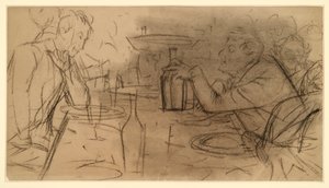 Dwóch panów siedzących naprzeciwko siebie przy stole w gospodzie i prowadzących rozmowę autorstwa Adolph Menzel