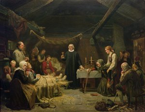 Chory Łowca Niedźwiedzi. Ostatni sakrament autorstwa Adolph Tidemand