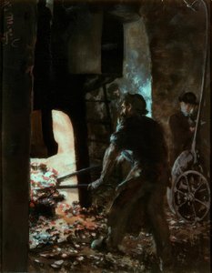 Autoportret z robotnikiem przy młocie parowym autorstwa Adolph Menzel