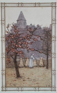 Pszczelarz sprawdzający swoje ule, ilustracja z książki "La Vie des Abeilles", wydanej w Paryżu autorstwa Adolphe (after) Giraldon