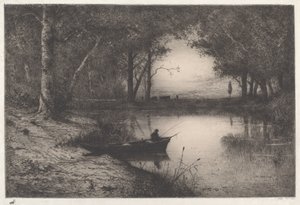 Rybak w zalesionym stawie wieczorem autorstwa Adolphe Appian