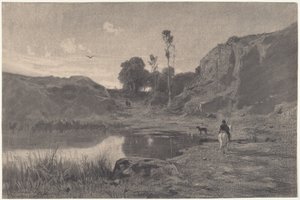 Jeździec nad górskim stawem o zachodzie słońca autorstwa Adolphe Appian