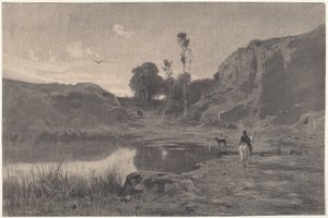 Jeździec nad górskim stawem o zachodzie słońca autorstwa Adolphe Appian