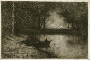 Rybak w łodzi wiosłowej na brzegu rzeki autorstwa Adolphe Appian