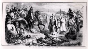 Św. Loup broniący miasta Troyes przed Attylą Hun (ok. 406-453) na swoim koniu, ilustracja z historii Francji, 2. poł. XIX w. (fot. bw) autorstwa Adolphe Francois Pannemaker