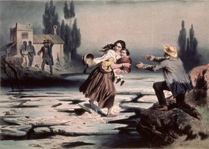 Eliza przekraczająca kry rzeki Ohio do wolności, ilustracja z „Kabiny wuja Toma” autorstwa Harriet Beecher Stowe, grawerowana przez Charlesa Boura (1814-81) (lito) (patrz także 90903) autorstwa Adolphe Jean Baptiste (after) Bayot