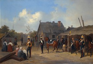 „Biwak żołnierzy w wiosce” (Żołnierze biwakujący w wiosce) Obraz Adolphe Ladurnera (1798-1856)