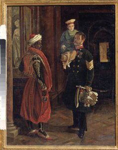 Scena na dworze. Obraz Adolphe Ladurnera (1798-1856), olej na płótnie, ok. 1840. XIX-wieczna sztuka francuska. Państwowe Muzeum Wojny i Historii Borodino, Moskwa.