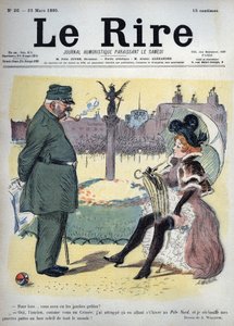 Żołnierz i prostytutka w ogrodach – dlaczego zmarzły Ci nogi? - Tak, staruszku, jak ty na Krymie, tej zimy złapałem się w drodze na Biegun Północny i ogrzewam biedne nogi na dobre słońce wszystkich! - rysunek Adolphe Willette (1857-1926) dla
