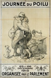 Pierwsza wojna światowa: plakat w hołdzie żołnierzom reprezentujący spotkanie pary na Dzień Włochatych 25 i 26 grudnia autorstwa Adolphe Leon Willette