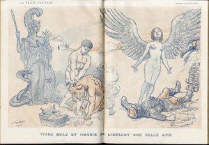 Ilustracja przedstawiająca Adolphe dit Willette (1857-1926) w „”Fantasio”””, 01.05.15 - Żyć pięknie i umierać poprzez uwolnienie pięknej duszy - Wojna 14-18, Martwe trupy, Barbary/Kultur, Jam of Skull - Żołnierze autorstwa Adolphe Leon Willette