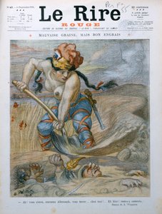 Marianne zakopuje niemieckich żołnierzy w okopach Marne, karykatura z magazynu „Le Rire Rouge”, 11 września 1915 autorstwa Adolphe Leon Willette