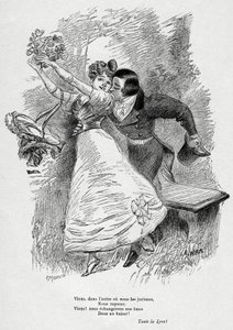 Dwoje kochanków: "Chodź i wymień nasze dusze/ W pocałunku! "Ilustracja Wilette