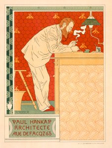 Reprodukcja plakatu reklamującego praktykę architektoniczną Paula Hankara, 1894 autorstwa Adolphe Louis Charles Crespin