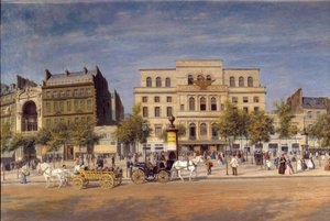 Widok ogólny teatrów bulwaru du temple przed przebiciem bulwaru księcia Eugeniusza, fragment paryskiego Caleches przed Teatrem Cesarskim. Obraz Adolphe Potemont (1828-1883)