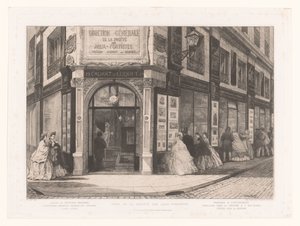 Widok na biznes Cadart i Luquet z paniami i panami na witrynach sklepowych Siege de la société des Aquafortistes (tytuł obiektu) Eaux-Fortes Modernes: Originales et Inédites (tytuł serii)