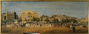 Przemiany Paryża pod Drugim Cesarstwem, Haussmann Paris: „”Ogólny widok teatrów bulwaru Temple (Gaite, Imperial) przed przebiciem bulwaru Prince Eugene (obecny bulwar Voltaire)””Obraz Adolphe Potemont (