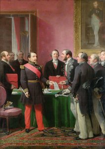 Napoleon III (1808-73) przekazuje dekret zezwalający na aneksję komun podmiejskich Paryża baronowi Georgesowi Haussmannowi (1809-91) w czerwcu 1859