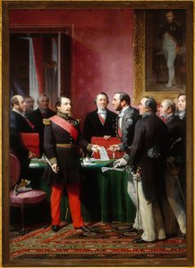 Napoleon III wręcza baronowi Haussmannowi dekret o przyłączeniu sąsiednich gmin (16 lutego). autorstwa Adolphe Yvon