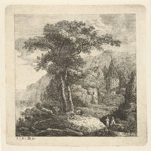Górzysty krajobraz z drzewami, zamkiem i dwiema postaciami autorstwa Adriaan Jacob Willem van Dielen