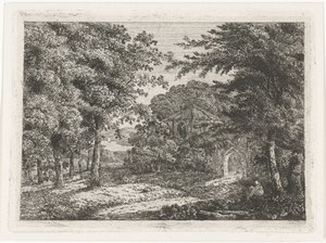 Krajobraz z kaplicą wśród drzew i czytanie mnicha autorstwa Adriaan Jacob Willem van Dielen