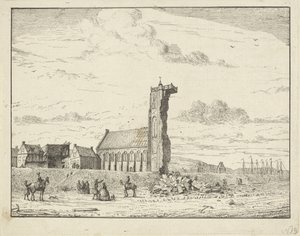 Zawalona wieża w Egmond aan Zee, 1741 autorstwa Adriaan Spinder