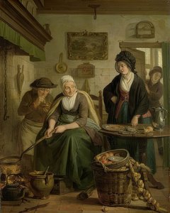 Kobieta piekąca naleśniki. Około 1790-1810