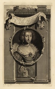 Elżbieta Stuart, królowa Czech, elektorka Palatynatu, żona Fryderyka V, Króla Zimy. Elżbieta, Reine de Boheme. W sukience z dość rozciętymi rękawami, koronkowym kołnierzykiem z perełkami. Winieta przedstawiająca kobietę zastanawiającą się nad upadłą koroną