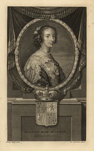 Henrietta Maria z Francji, żona króla Anglii Karola I. Henrietta Maria de France. W sukience z koronkowym kołnierzykiem, naszyjnikiem z pereł. Z koroną i herbem. Miedzioryt Charlesa Simonneau według Adriaena van der Werff z dzieła Isaaca de Larreya H