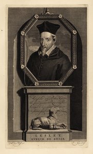 John Lesley, szkocki historyk i biskup Ross. Biskup Rossa. Pies z kluczem. Miedzioryt autorstwa Pietera Stevensa van Gunsta według Adriaena van der Werffa z Histoire d