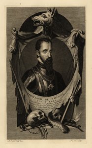 Portret Ferdynanda Alvareza de Toledo y Pimentel, 3. księcia Alby, czyli Żelaznego Księcia. W zbroi z łańcuchem Orderu Złotego Runa. Z wilczą skórą, ludzkimi czaszkami, mieczem, sztyletem i pistoletem skałkowym. Ferdynand de Tolede, książę d’Albe. Miedź