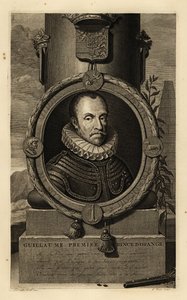 Wilhelm I, książę Orański, Wilhelm Cichy czy Wilhelm Małomówny. Guillaume, Premiera „Księcia Orańskiego”. W zbroi z koronkową kryzą, z herbem powyżej, pistoletem skałkowym i ołowianym śrutem poniżej. Miedzioryt autorstwa Gerarda Valcka według Adriaena va