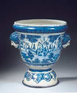 Duża niebiesko-biała urna ogrodowa Delft z mitologicznego ogrodu w stylu barokowym, ok. 1700 r. (ceramiczna) autorstwa Adriaen (fl.1868 d.1701) (attr.to) Kocks