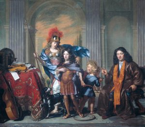 niderlandzki: Alegorische portretgroep van de familie De Bordes met Minerva Alleroryczny portret grupowy, prawdopodobnie przedstawiający Antoniego de Bordes seniora pozostawiającego swojego syna Antoniego pod opieką Minerwy