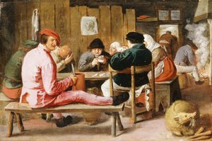Bory palą i piją przy stole w tawernie, ok. 1625 autorstwa Adriaen Brouwer