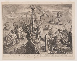 Amerigo Vespucci na swoim statku, z Americae Retectio (Odkrycie Ameryki) autorstwa Adriaen Collaert