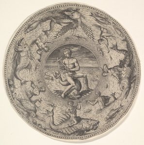 Arion na delfinie otoczony bordiurą ozdobioną istotami morskimi, z zestawu..., 1580-1600. autorstwa Adriaen Collaert
