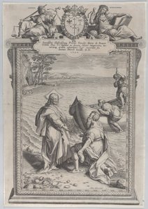 Chrystus wzywający św. Andrzeja, który klęka przed nim na plaży, i św. Piotra, który wspina się..., 1590. autorstwa Adriaen Collaert