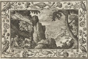 Daniel w lwiej jamie Pejzaże ze scenami biblijnymi, mitologicznymi i polowaniami (tytuł serii) autorstwa Adriaen Collaert