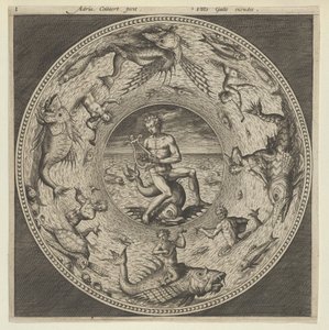 Projekt na talerz z Arionem jadącym na delfinie w medalionie otoczonym przez morskie potwory..., c1600. autorstwa Adriaen Collaert