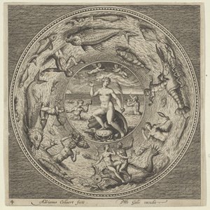 Projekt na talerz z Galateą na muszli otoczonej przez trębaczy w ramce z medalionem..., c1600. autorstwa Adriaen Collaert