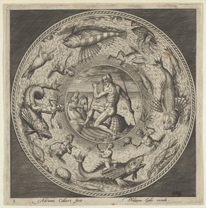 Projekt na talerz z Neptunem w muszli narysowanej przez konie w medalionie w obramowaniu ..., c1600. autorstwa Adriaen Collaert