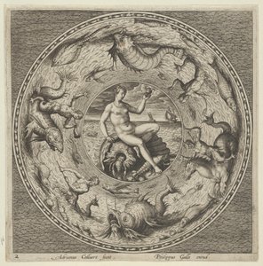 Projekt na talerz z Tetydą na muszli w medalionie z potworami morskimi, c1600. autorstwa Adriaen Collaert