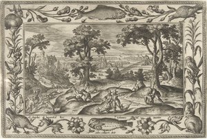 polowanie na zająca Pejzaże ze scenami biblijnymi, mitologicznymi i polowaniami (tytuł serii) autorstwa Adriaen Collaert