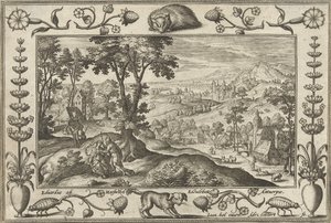 Juda i Tamar Pejzaże ze scenami biblijnymi, mitologicznymi i polowaniami (tytuł serii) autorstwa Adriaen Collaert